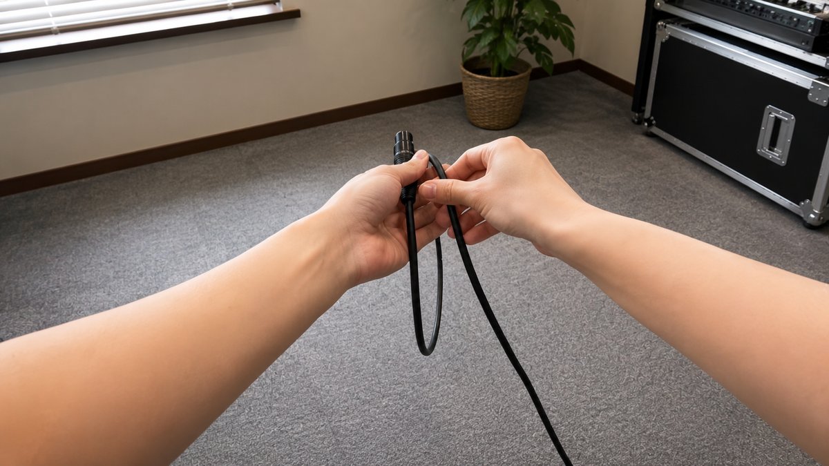 八の字巻きの1周目。コネクタ側を持ち、外向きの輪を作っているところ
