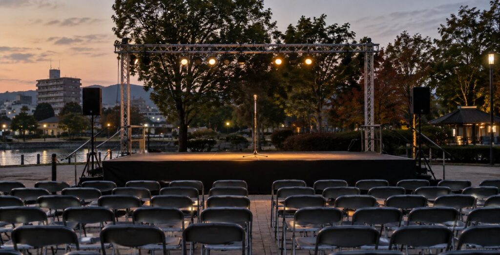 夕暮れの屋外イベント会場。組み立て式ステージにマイクスタンドが1本立ち、両脇にPAスピーカー、上部のトラスにパーライトが点灯している。手前にはパイプ椅子が並び、出演者はまだ登場していない